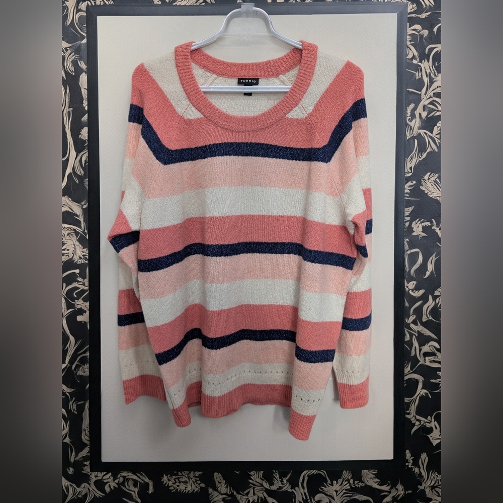 Torrid Women's Colorful Striped Sweater - Coral, Cream, and Navy